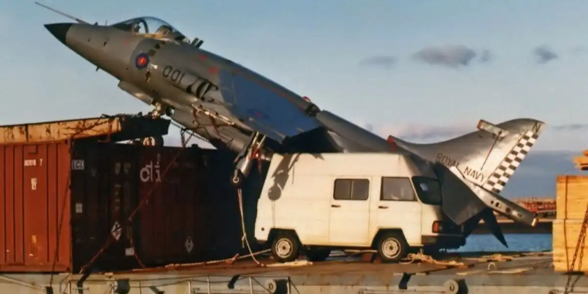 The Royal Navy Sea Harrier that did an emergency landing on a Spanish Cargo ship